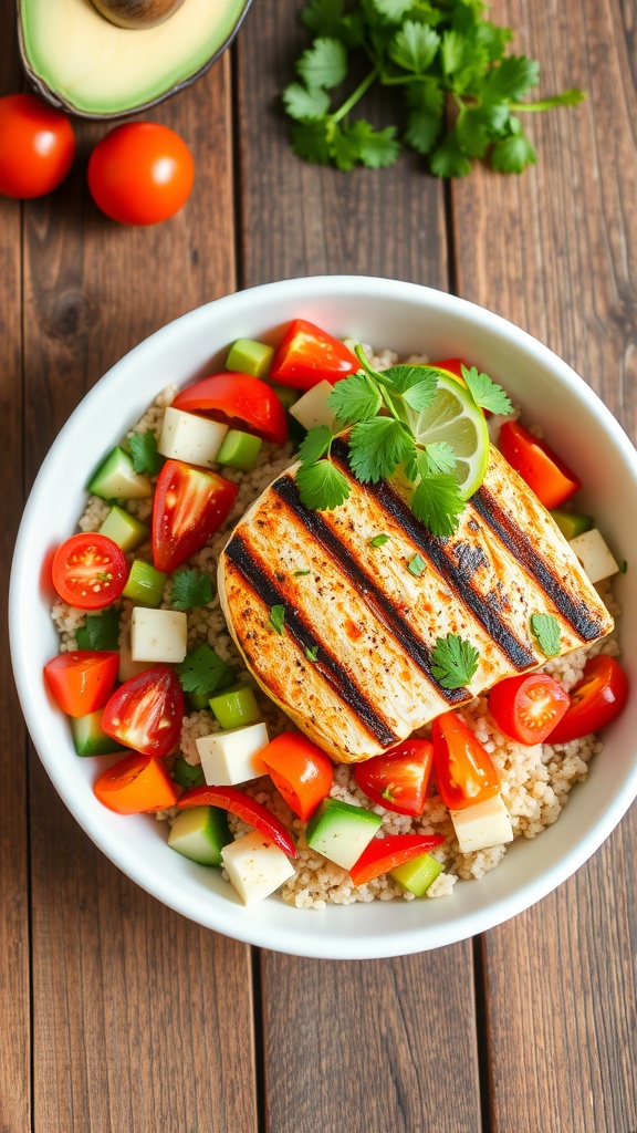 A colorful grilled mahi mahi salad with quinoa, cherry tomatoes, cucumbers, and avocado, garnished with cilantro.